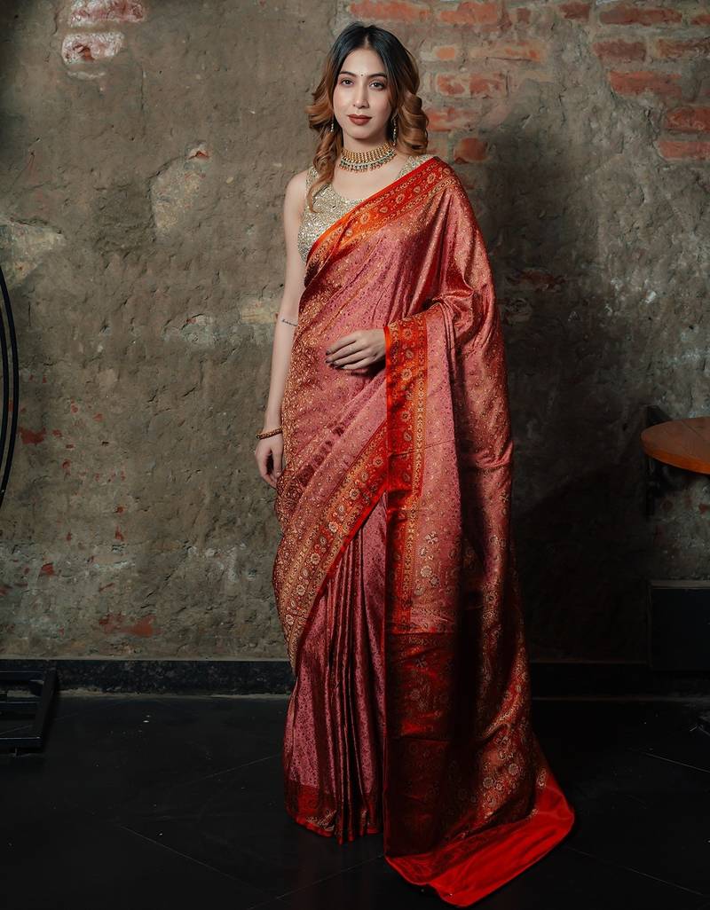Pink satin woven saree with blouse