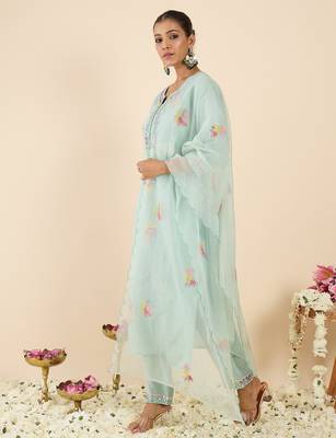 Sea green embroidered silk blend kurta trouser dupatta set 3