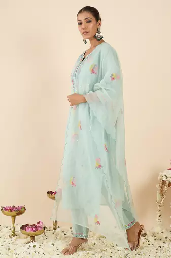 Sea green embroidered silk blend kurta trouser dupatta set