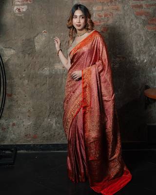 Pink satin woven saree with blouse 2