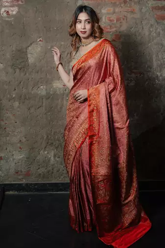 Pink satin woven saree with blouse