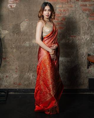 Pink satin woven saree with blouse 3
