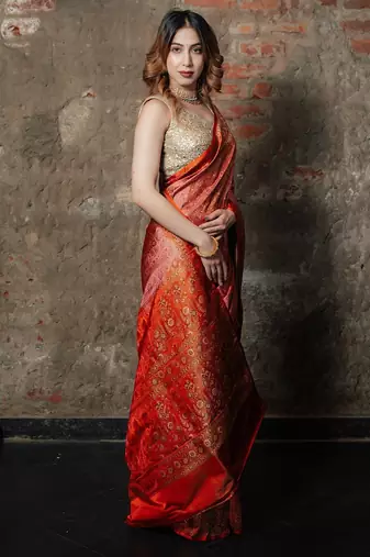 Pink satin woven saree with blouse