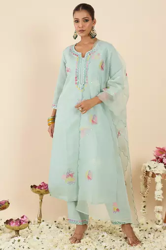 Sea green embroidered silk blend kurta trouser dupatta set