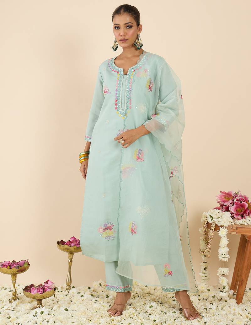 Sea green embroidered silk blend kurta trouser dupatta set
