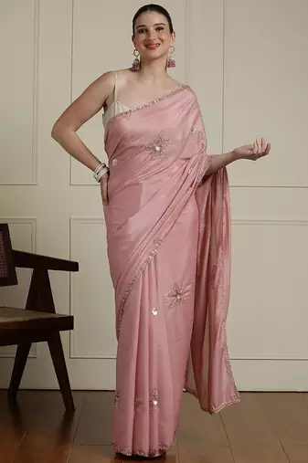 Pink embelished saree with blouse