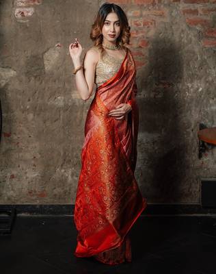 Pink satin woven saree with blouse 4