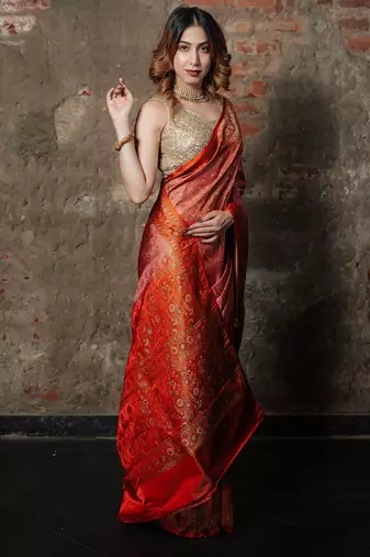 Pink satin woven saree with blouse
