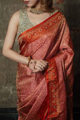 Pink satin woven saree with blouse 5