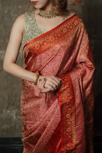 Pink satin woven saree with blouse