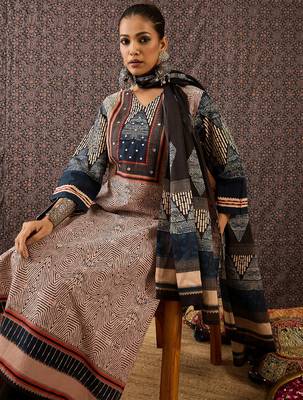 Beige printed pure cotton kurta trouser dupatta set 1