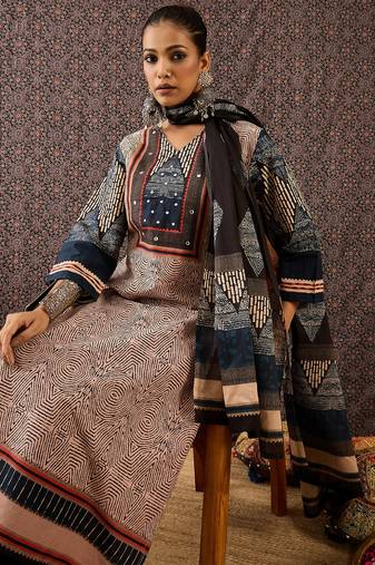 Beige printed pure cotton kurta trouser dupatta set