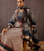 Beige printed pure cotton kurta trouser dupatta set