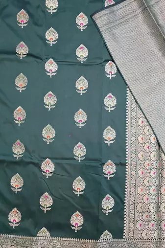 Bottle green katan silk woven saree with blouse
