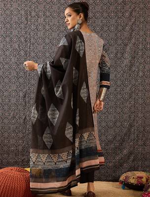 Beige printed pure cotton kurta trouser dupatta set 2