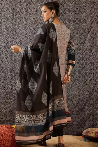 Beige printed pure cotton kurta trouser dupatta set