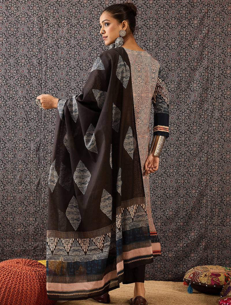 Beige printed pure cotton kurta trouser dupatta set
