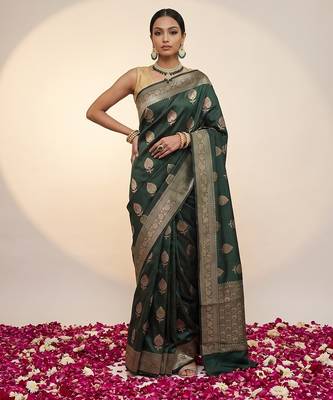 Bottle green katan silk woven saree with blouse 1