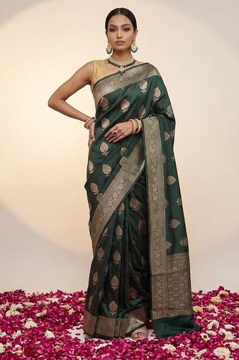 Bottle green katan silk woven saree with blouse