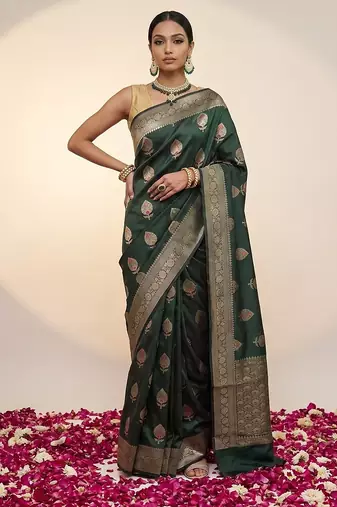 Bottle green katan silk woven saree with blouse