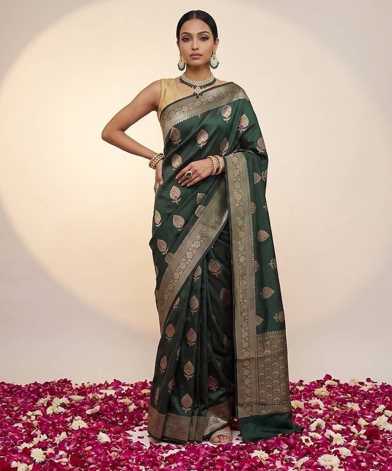 Bottle green katan silk woven saree with blouse