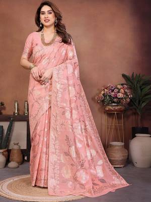 Peach woven design banarasi saree with unstitched blouse 1