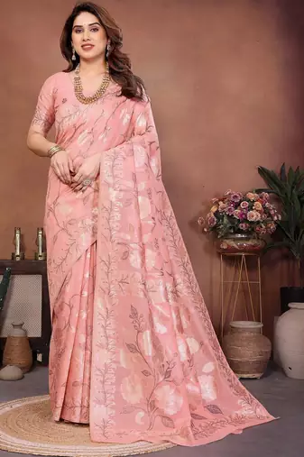 Peach woven design banarasi saree with unstitched blouse