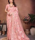 Peach woven design banarasi saree with unstitched blouse