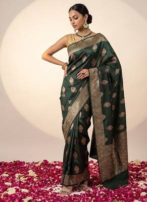 Bottle green katan silk woven saree with blouse 4
