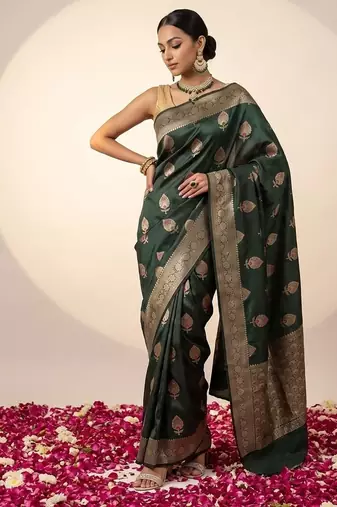 Bottle green katan silk woven saree with blouse
