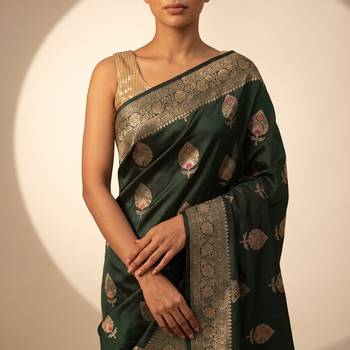 Bottle green katan silk woven saree with blouse 5