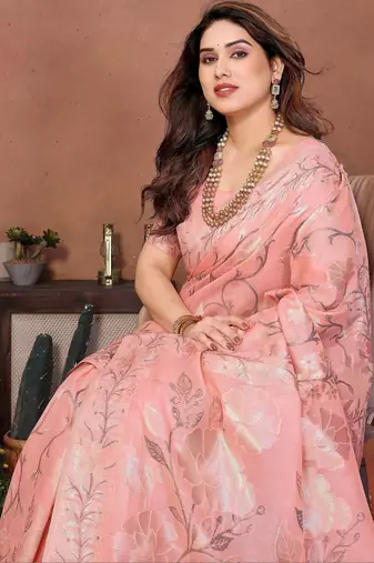 Peach woven design banarasi saree with unstitched blouse