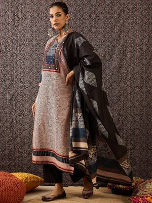 Beige printed pure cotton kurta trouser dupatta set 3