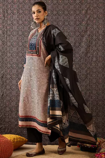 Beige printed pure cotton kurta trouser dupatta set