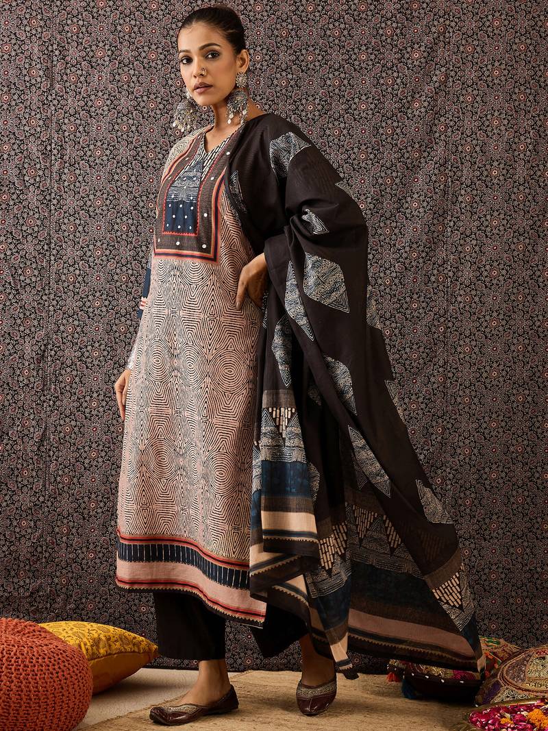 Beige printed pure cotton kurta trouser dupatta set