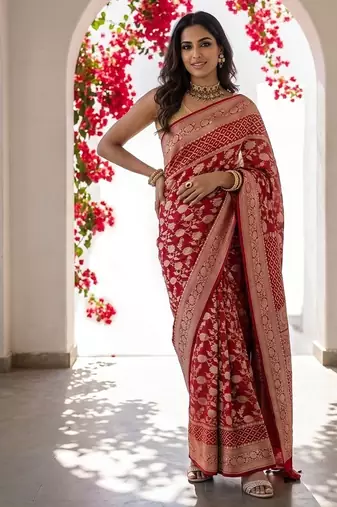 Red khadi woven saree with blouse