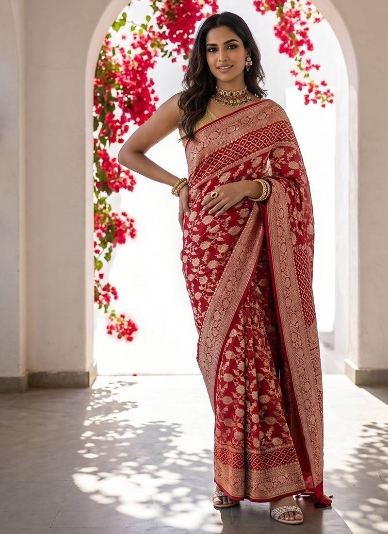 Red khadi woven saree with blouse