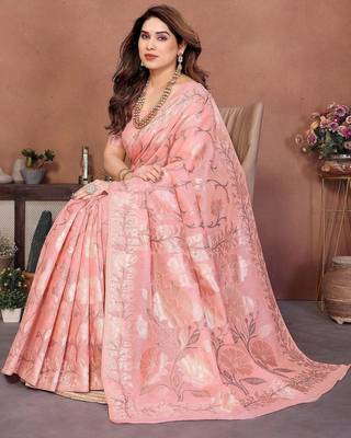 Peach woven design banarasi saree with unstitched blouse 3