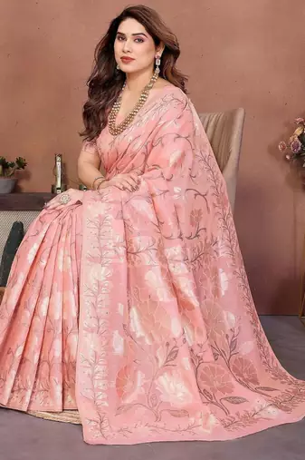 Peach woven design banarasi saree with unstitched blouse