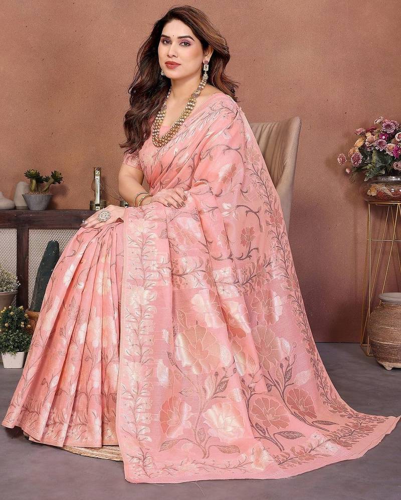 Peach woven design banarasi saree with unstitched blouse