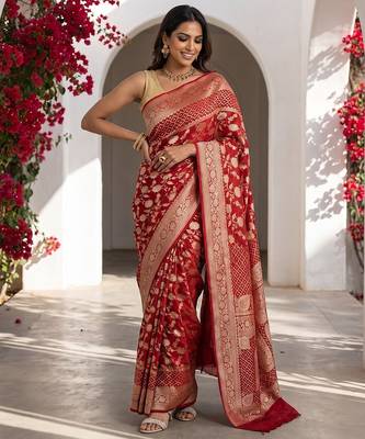 Red khadi woven saree with blouse 2