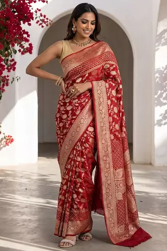 Red khadi woven saree with blouse