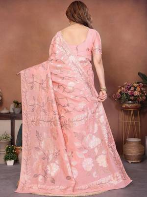 Peach woven design banarasi saree with unstitched blouse 4