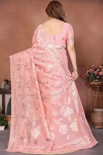 Peach woven design banarasi saree with unstitched blouse
