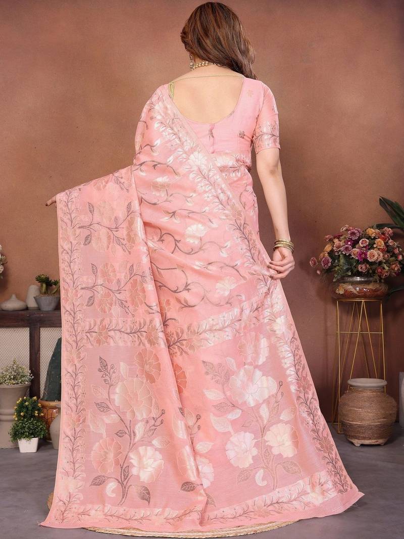 Peach woven design banarasi saree with unstitched blouse