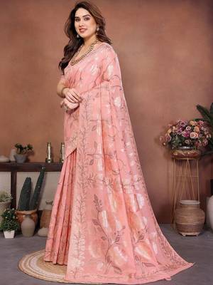 Peach woven design banarasi saree with unstitched blouse 5