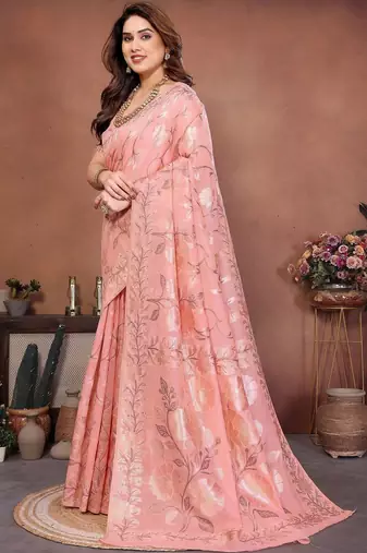 Peach woven design banarasi saree with unstitched blouse