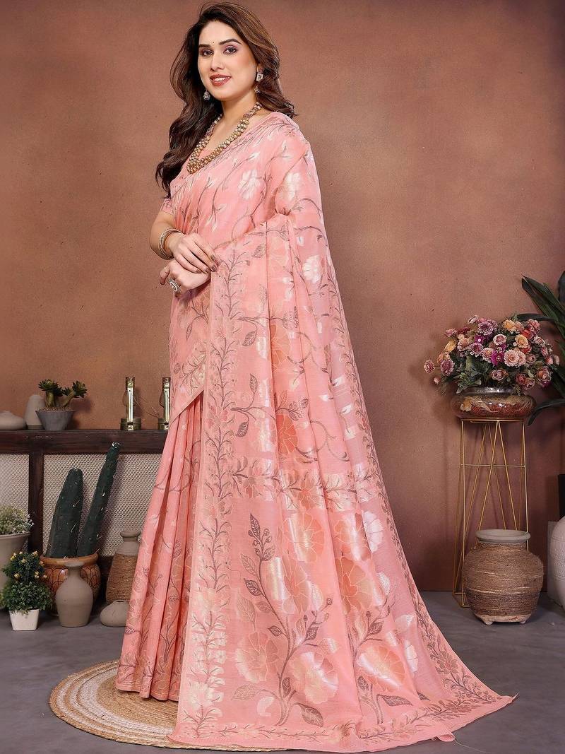 Peach woven design banarasi saree with unstitched blouse