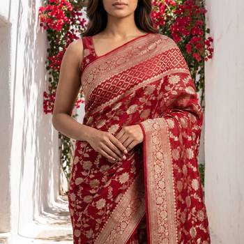 Red khadi woven saree with blouse 3