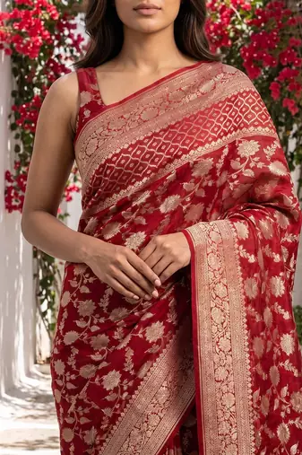 Red khadi woven saree with blouse